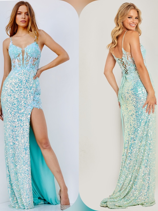 Jovani Dresses & Skirts - Jovani Aqua Sequin Lace-Up Evening Gown